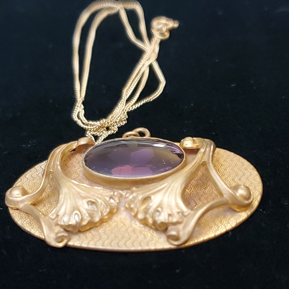 Art Nouveau Plated Cabochon Glass Necklace Antique Converted Brooch 18in - Picture 6 of 13